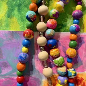 Handmade Painted Wooden Bead Necklace, Artsy Statement Jewelry